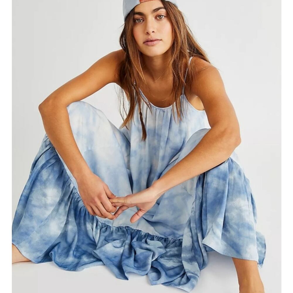 Free People Full On Maxi Slip Dress in Sea Combo XS Beachy Resort Vacation Boho - Picture 2 of 13